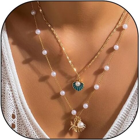 Sea Star Necklace Shell Necklace Choker Faux Pearl Beaded Chain Necklace Bohemia Sea Shell Starfish Collar Necklace Pendant Conch Necklace Summer Beach Day Jewelry in Kuwait