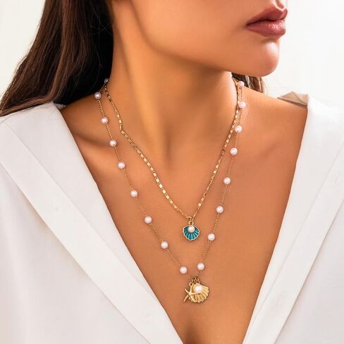 Sea Star Necklace Shell Necklace Choker Faux Pearl Beaded Chain Necklace Bohemia Sea Shell Starfish Collar Necklace Pendant Conch Necklace Summer Beach Day Jewelry in Kuwait