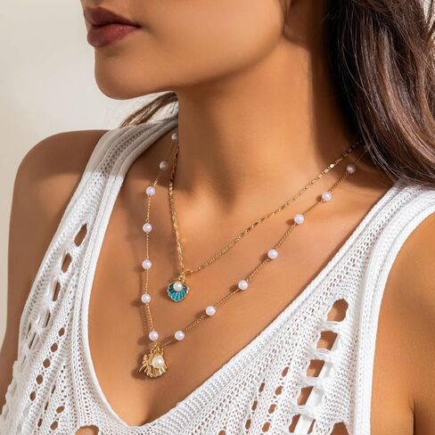 Sea Star Necklace Shell Necklace Choker Faux Pearl Beaded Chain Necklace Bohemia Sea Shell Starfish Collar Necklace Pendant Conch Necklace Summer Beach Day Jewelry in Kuwait