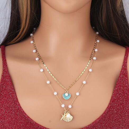 Sea Star Necklace Shell Necklace Choker Faux Pearl Beaded Chain Necklace Bohemia Sea Shell Starfish Collar Necklace Pendant Conch Necklace Summer Beach Day Jewelry in Kuwait