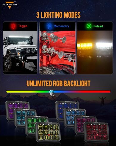 Auxbeam 12 Gang Switch Panel Bluetooth RGB AC-1200 with APP&Remote Control Toggle Momentary Pulsed Switch Pod Off Backlight for Truck Offroad UTV ATV Car Marine 12-24V Waterproof 2 Years Warranty in Saudi Arabia