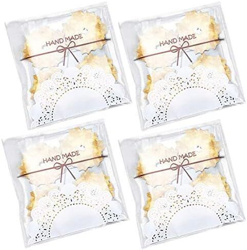 200pcs 5.5x5.5in Lovely Lace Bowknot Clear Biscuit Roasting Treat Present DIY Plastic Candy Individual Wrappers Self Adhesive OPP Cookie Bakery Decorating Favor Bags in Saudi Arabia