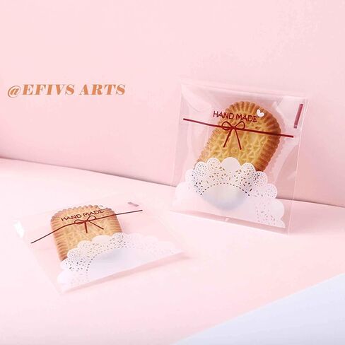 200pcs 5.5x5.5in Lovely Lace Bowknot Clear Biscuit Roasting Treat Present DIY Plastic Candy Individual Wrappers Self Adhesive OPP Cookie Bakery Decorating Favor Bags in Saudi Arabia
