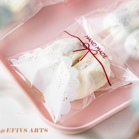 200pcs 5.5x5.5in Lovely Lace Bowknot Clear Biscuit Roasting Treat Present DIY Plastic Candy Individual Wrappers Self Adhesive OPP Cookie Bakery Decorating Favor Bags in Saudi Arabia