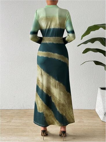 GORGLITTER Women's Tie Dye Graphic Ruched Bodycon Dress Long Sleeve Mock Neck Maxi Dresses in Saudi Arabia