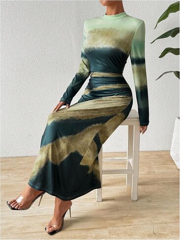 GORGLITTER Women's Tie Dye Graphic Ruched Bodycon Dress Long Sleeve Mock Neck Maxi Dresses in Saudi Arabia