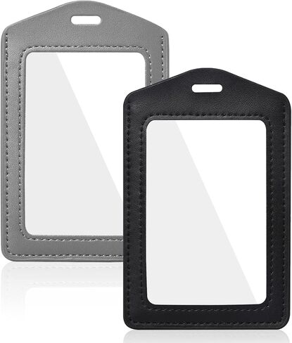 2 Pcs Genuine Leather ID Badge Holder Vertical Double-Side Clear Card Holder Waterproof Name Badge Holder for Office, Staff, Students, Employees(Black&Black) in Saudi Arabia