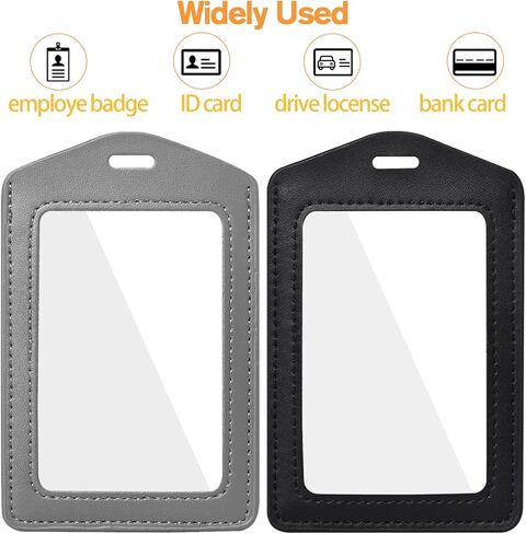 2 Pcs Genuine Leather ID Badge Holder Vertical Double-Side Clear Card Holder Waterproof Name Badge Holder for Office, Staff, Students, Employees(Black&Black) in Saudi Arabia