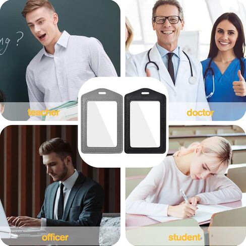 2 Pcs Genuine Leather ID Badge Holder Vertical Double-Side Clear Card Holder Waterproof Name Badge Holder for Office, Staff, Students, Employees(Black&Black) in Saudi Arabia