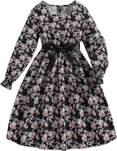 Floerns Girl's Floral Print Long Flounce Sleeve Belted Ruffle Hem A Line Dresses in Saudi Arabia