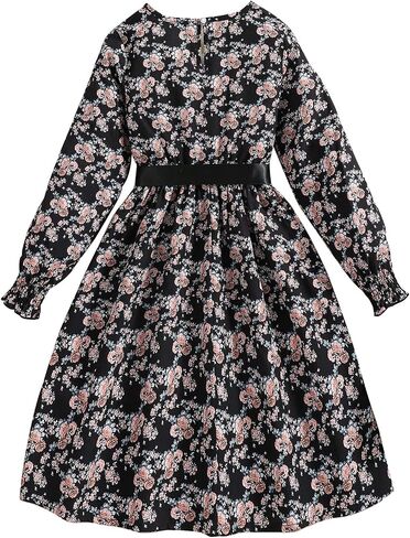 Floerns Girl's Floral Print Long Flounce Sleeve Belted Ruffle Hem A Line Dresses in Saudi Arabia