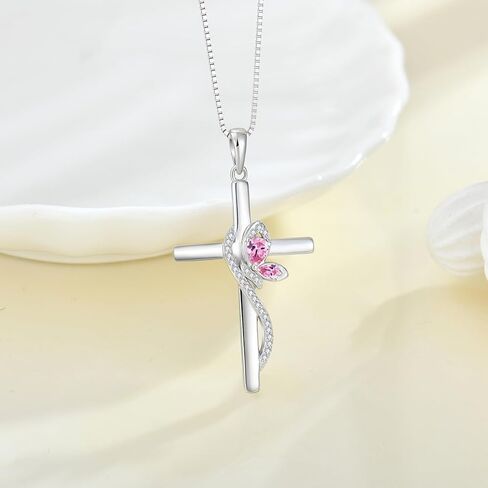 Butterfly Cross Necklace 925 Sterling Silver Crucifix Christian Religious Pendant Birthstone Jewelry Gifts for Women in Kuwait