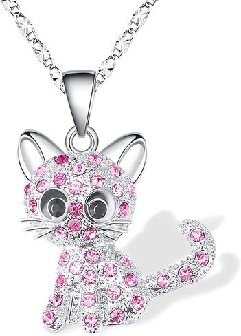 coadipress Cat Pendant Necklace for Women Crystal Cute Cat Birthstone Necklaces Colorful Small Lovely Kitty Rainbow Rhinestone Pendant Necklace Jewelry Gifts in Saudi Arabia