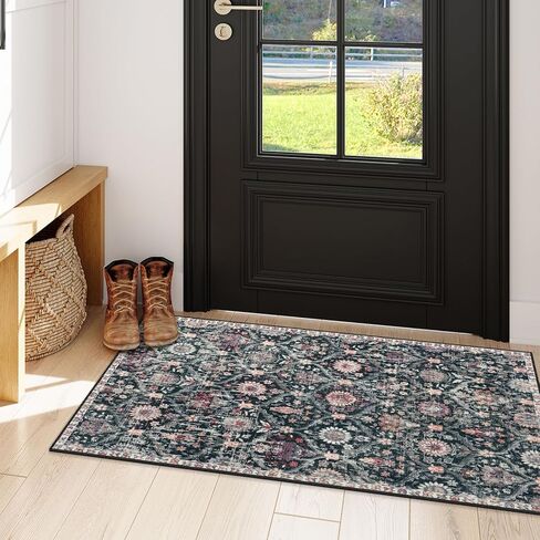 Lahome Moroccan Trellis Rugs for Entryway,2x4 Kitchen Rugs Non-Slip Vintage Small Rugs, Ultra-Thin Washable Indoor Door Mat Distressed Carpet for Bathroom Kitchen Bedroom(2x4ft,Black/Multi) in Kuwait