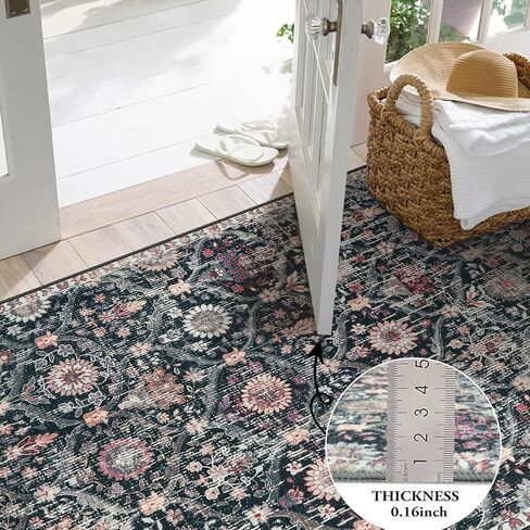 Lahome Moroccan Trellis Rugs for Entryway,2x4 Kitchen Rugs Non-Slip Vintage Small Rugs, Ultra-Thin Washable Indoor Door Mat Distressed Carpet for Bathroom Kitchen Bedroom(2x4ft,Black/Multi) in Kuwait