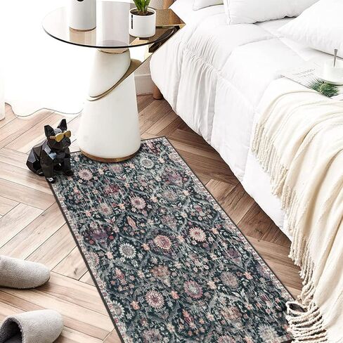 Lahome Moroccan Trellis Rugs for Entryway,2x4 Kitchen Rugs Non-Slip Vintage Small Rugs, Ultra-Thin Washable Indoor Door Mat Distressed Carpet for Bathroom Kitchen Bedroom(2x4ft,Black/Multi) in Kuwait