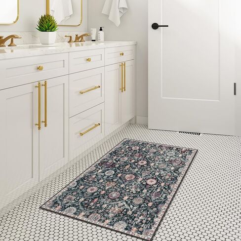 Lahome Moroccan Trellis Rugs for Entryway,2x4 Kitchen Rugs Non-Slip Vintage Small Rugs, Ultra-Thin Washable Indoor Door Mat Distressed Carpet for Bathroom Kitchen Bedroom(2x4ft,Black/Multi) in Kuwait