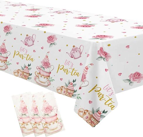 مفرش طاولة ديكورات حفلات الشاي - غطاء طاولة من لوازم حفلات الشاي وأعياد الميلاد للاستعمال مرة واحدة، غطاء طاولة إبريق شاي حديقة الأزهار وأكواب الشاي ذات طابع الشاي لتزيين أعياد الميلاد - 3 عبوات (54 بوصة × 108 بوصة) in Kuwait
