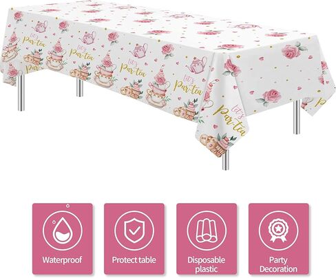 مفرش طاولة ديكورات حفلات الشاي - غطاء طاولة من لوازم حفلات الشاي وأعياد الميلاد للاستعمال مرة واحدة، غطاء طاولة إبريق شاي حديقة الأزهار وأكواب الشاي ذات طابع الشاي لتزيين أعياد الميلاد - 3 عبوات (54 بوصة × 108 بوصة) in Kuwait