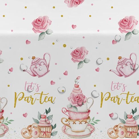 مفرش طاولة ديكورات حفلات الشاي - غطاء طاولة من لوازم حفلات الشاي وأعياد الميلاد للاستعمال مرة واحدة، غطاء طاولة إبريق شاي حديقة الأزهار وأكواب الشاي ذات طابع الشاي لتزيين أعياد الميلاد - 3 عبوات (54 بوصة × 108 بوصة) in Kuwait