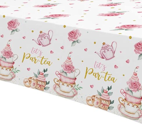 مفرش طاولة ديكورات حفلات الشاي - غطاء طاولة من لوازم حفلات الشاي وأعياد الميلاد للاستعمال مرة واحدة، غطاء طاولة إبريق شاي حديقة الأزهار وأكواب الشاي ذات طابع الشاي لتزيين أعياد الميلاد - 3 عبوات (54 بوصة × 108 بوصة) in Kuwait