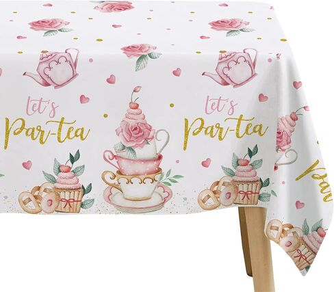 مفرش طاولة ديكورات حفلات الشاي - غطاء طاولة من لوازم حفلات الشاي وأعياد الميلاد للاستعمال مرة واحدة، غطاء طاولة إبريق شاي حديقة الأزهار وأكواب الشاي ذات طابع الشاي لتزيين أعياد الميلاد - 3 عبوات (54 بوصة × 108 بوصة) in Kuwait