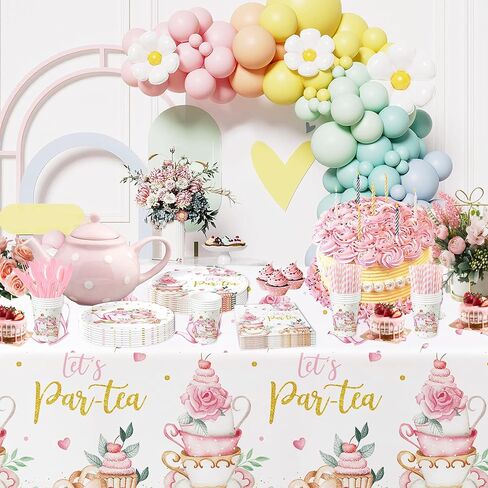 مفرش طاولة ديكورات حفلات الشاي - غطاء طاولة من لوازم حفلات الشاي وأعياد الميلاد للاستعمال مرة واحدة، غطاء طاولة إبريق شاي حديقة الأزهار وأكواب الشاي ذات طابع الشاي لتزيين أعياد الميلاد - 3 عبوات (54 بوصة × 108 بوصة) in Kuwait