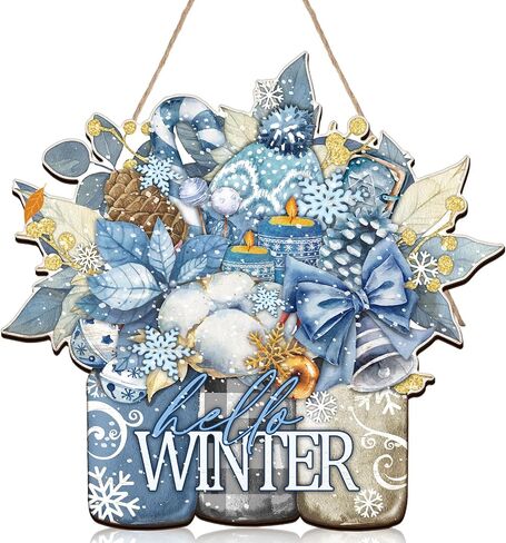 Hello Winter Door Decor Winter Front Door Sign Wooden Winter Floral Mason Jar Ornament Farmhouse Hanging Plaque with Snowflake Pinecone and Leaves for Xmas Porch Outdoor Home Decor in Kuwait