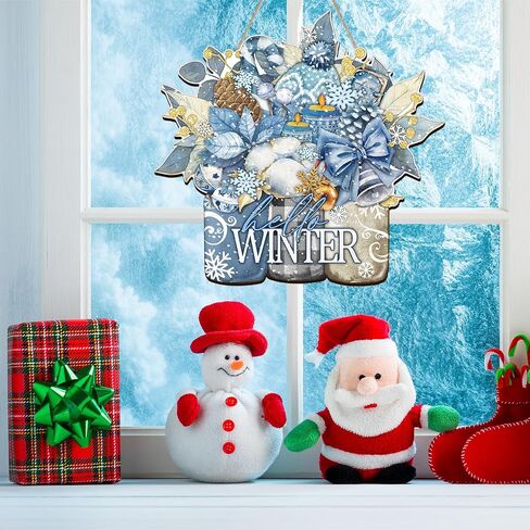 Hello Winter Door Decor Winter Front Door Sign Wooden Winter Floral Mason Jar Ornament Farmhouse Hanging Plaque with Snowflake Pinecone and Leaves for Xmas Porch Outdoor Home Decor in Kuwait