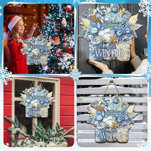 Hello Winter Door Decor Winter Front Door Sign Wooden Winter Floral Mason Jar Ornament Farmhouse Hanging Plaque with Snowflake Pinecone and Leaves for Xmas Porch Outdoor Home Decor in Kuwait