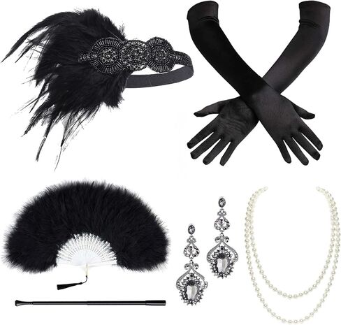 BABEYOND 1920s Accessories for Women - Flapper Feather Headband Headpiece for Women Pearl Bracelet Necklace Gloves Feather Fan in Saudi Arabia