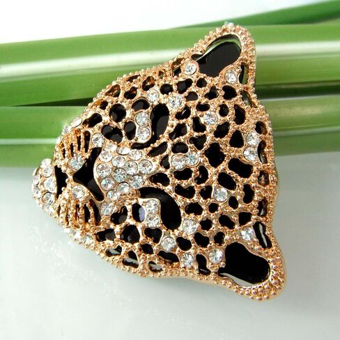 Navachi 18k Gold Plated Clear Crystal Black Enamel Leopard Head Brooch Pin in Kuwait