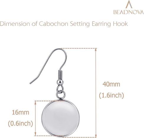 BEADNOVA Cabochon Setting Earring Hook 60pcs Blank Earring Bezel 16mm Stainless Steel Cabochon Setting Ear Wire Hook with Rubber Earring Backs for Resin DIY Earring Making (16mm, 60pcs) in Kuwait