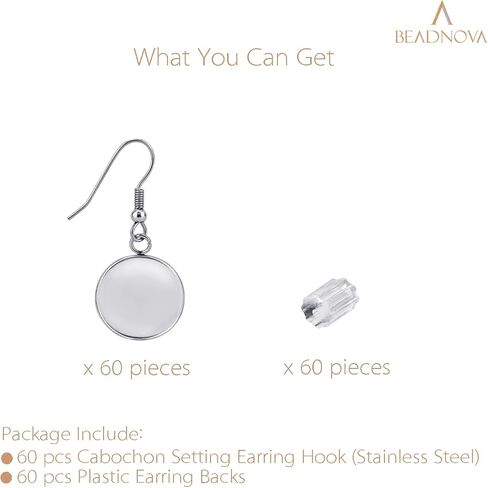 BEADNOVA Cabochon Setting Earring Hook 60pcs Blank Earring Bezel 16mm Stainless Steel Cabochon Setting Ear Wire Hook with Rubber Earring Backs for Resin DIY Earring Making (16mm, 60pcs) in Kuwait