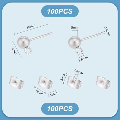 UNICRAFTALE 100Pcs 304 Stainless Steel Stud Earring Findings with Loops Ball Post Ear Studs with 316 Surgical Stainless Steel Pin and Ear Nuts Pin 0.8mm for DIY Earrings Jewellery Making in Saudi Arabia