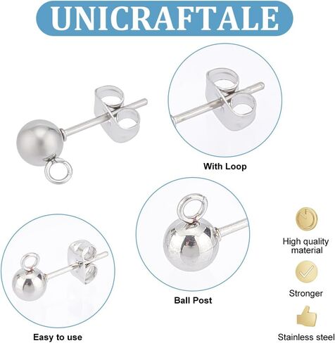 UNICRAFTALE 100Pcs 304 Stainless Steel Stud Earring Findings with Loops Ball Post Ear Studs with 316 Surgical Stainless Steel Pin and Ear Nuts Pin 0.8mm for DIY Earrings Jewellery Making in Saudi Arabia