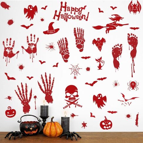 ديكورات الهالوين 54 قطعة من ملصقات نوافذ الهالوين، 4 أوراق بصمة يد دموية، ملصقات جدارية على الأرض، ملصقات جدارية لنافذة الهالوين على الوجهين in Kuwait