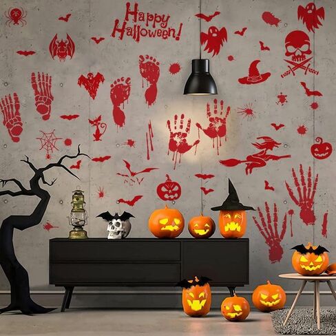 ديكورات الهالوين 54 قطعة من ملصقات نوافذ الهالوين، 4 أوراق بصمة يد دموية، ملصقات جدارية على الأرض، ملصقات جدارية لنافذة الهالوين على الوجهين in Kuwait