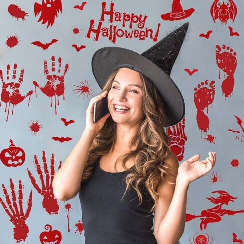 ديكورات الهالوين 54 قطعة من ملصقات نوافذ الهالوين، 4 أوراق بصمة يد دموية، ملصقات جدارية على الأرض، ملصقات جدارية لنافذة الهالوين على الوجهين in Kuwait