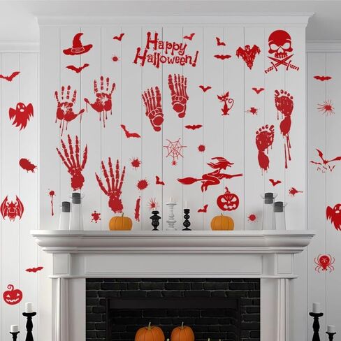 ديكورات الهالوين 54 قطعة من ملصقات نوافذ الهالوين، 4 أوراق بصمة يد دموية، ملصقات جدارية على الأرض، ملصقات جدارية لنافذة الهالوين على الوجهين in Kuwait