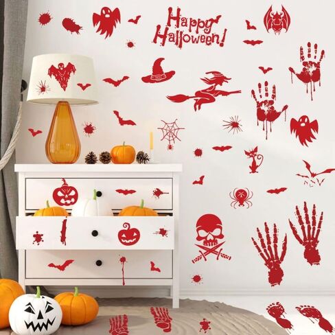ديكورات الهالوين 54 قطعة من ملصقات نوافذ الهالوين، 4 أوراق بصمة يد دموية، ملصقات جدارية على الأرض، ملصقات جدارية لنافذة الهالوين على الوجهين in Kuwait