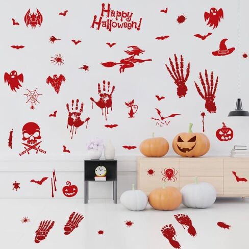 ديكورات الهالوين 54 قطعة من ملصقات نوافذ الهالوين، 4 أوراق بصمة يد دموية، ملصقات جدارية على الأرض، ملصقات جدارية لنافذة الهالوين على الوجهين in Kuwait