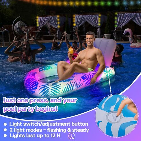 Inflatable Pool Floats Chair with Lights - Large Adults Rafts Lounge with Cup Holders, Color Light Up Battery Powered Summer Lake Beach Swimming Water Floaties Sofa Party Toy Relaxing Fun in Kuwait