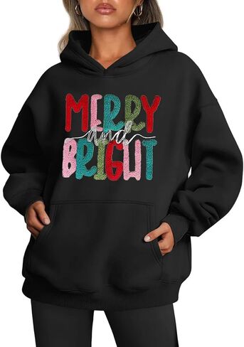 Earlymemb Women's Merry Christmas Oversized Hoodies Fleece Sweatshirts Funny Chenille Patch Xmas Holiday Pullover with Pocket in Saudi Arabia