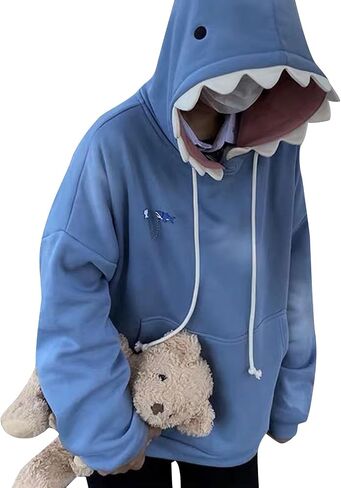 بلوفر نسائي بغطاء للرأس Kawaii Shark لطيف بأكمام طويلة Harakuju بلوفر كبير الحجم على شكل حيوان جمالي للفتيات المراهقات in Saudi Arabia