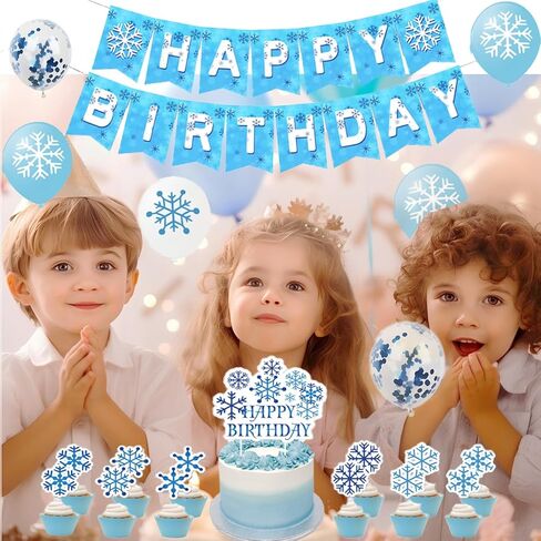 ديكورات حفلات أعياد الميلاد فروزن - ديكورات بلاد العجائب الشتوية، لافتة عيد ميلاد فروزن مع أغطية للكيك، بالونات، لوازم حفلات أعياد الميلاد فروزن، زينة حفلات ندفة الثلج in Kuwait