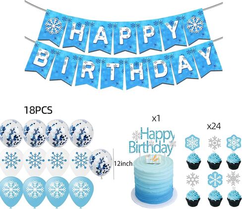 ديكورات حفلات أعياد الميلاد فروزن - ديكورات بلاد العجائب الشتوية، لافتة عيد ميلاد فروزن مع أغطية للكيك، بالونات، لوازم حفلات أعياد الميلاد فروزن، زينة حفلات ندفة الثلج in Kuwait