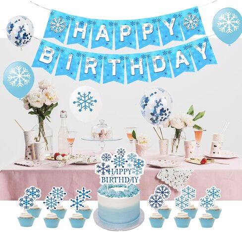 ديكورات حفلات أعياد الميلاد فروزن - ديكورات بلاد العجائب الشتوية، لافتة عيد ميلاد فروزن مع أغطية للكيك، بالونات، لوازم حفلات أعياد الميلاد فروزن، زينة حفلات ندفة الثلج in Kuwait