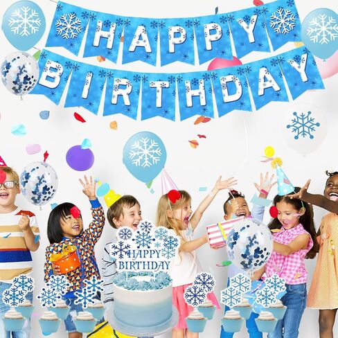 ديكورات حفلات أعياد الميلاد فروزن - ديكورات بلاد العجائب الشتوية، لافتة عيد ميلاد فروزن مع أغطية للكيك، بالونات، لوازم حفلات أعياد الميلاد فروزن، زينة حفلات ندفة الثلج in Kuwait