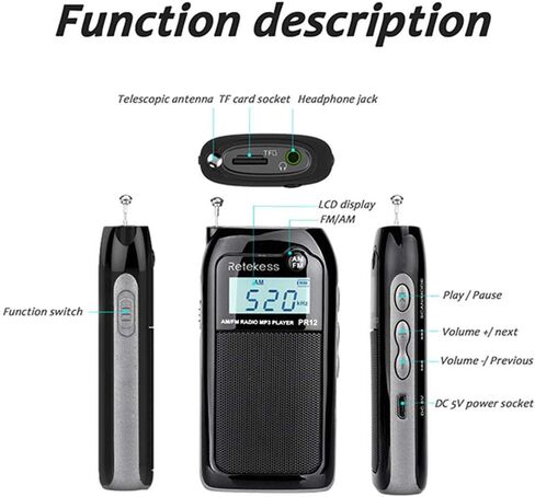 Retekess PR12 Portable Pocket Radio AM FM, Small Personal Radio, Digital AM FM Radio with Headphone Socket, Micro SD, Clear Display for Walking (White) in Saudi Arabia